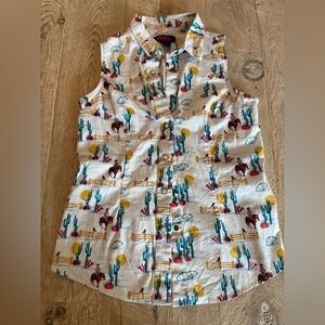 Rock & Roll Denim Snap Front Sleeveless Western Print Cotton Top S